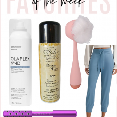 Houston fashion/lifestyle blogger LuxMommy shares favorites of the week including a great new dry shampoo, amazing room spray, perfect body tool for exfoliating and scrubbing, the best joggers, and an amazing facial massager
