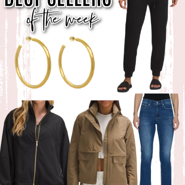 Houston fashion/lifestyle blogger LuxMommy shares best sellers of the week including the perfect casual jacket, another great lightweight jacket, my current favorite jeans, the most comfortable joggers, and the perfect hoop earrings