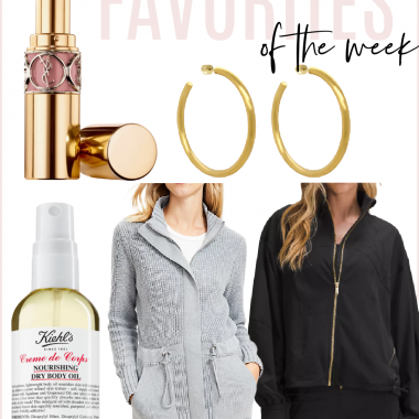 Houston fashion/lifestyle blogger LuxMommy shares favorites of the week including the perfect lightweight jacket, a cozy cardigan, my new favorite body oil and lip balm, and the perfect pair of hoop earrings