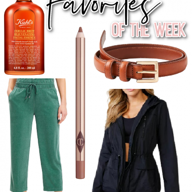 Houston fashion/lifestyle blogger LuxMommy shares favorites of the week including my new facial essence, the perfect belt, the best lip liner for a gorgeous nude lip, the lightweight jacket you need for fall, and my current favorite lounge pants