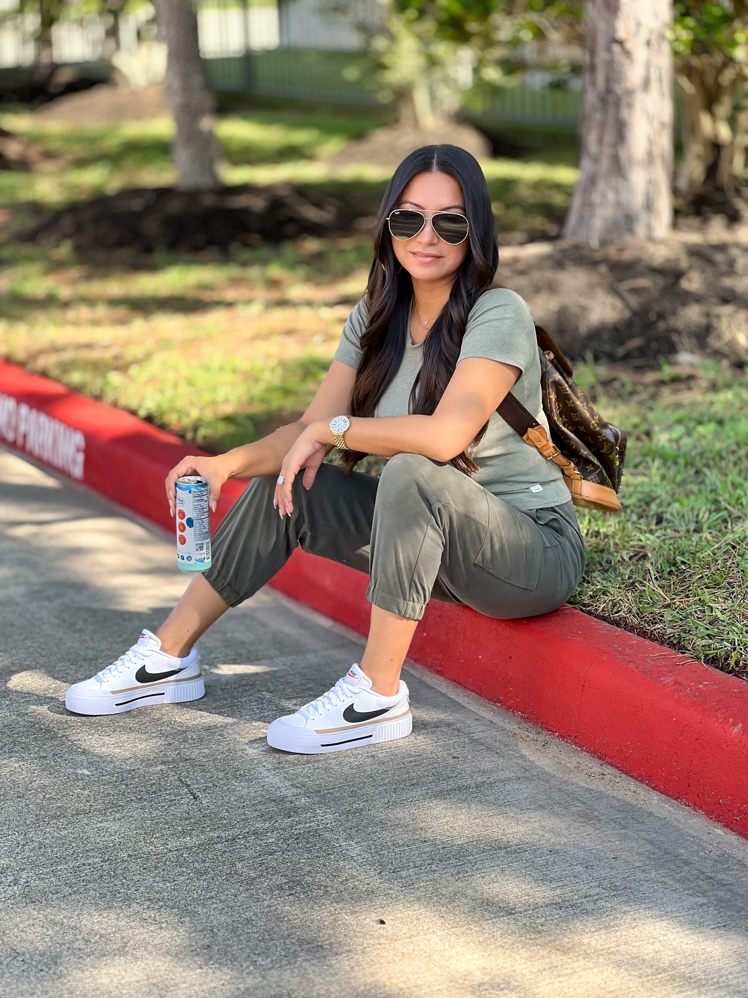 Cute and casual in some of my favorite joggers! I love a good basic tee and luxury backpack.