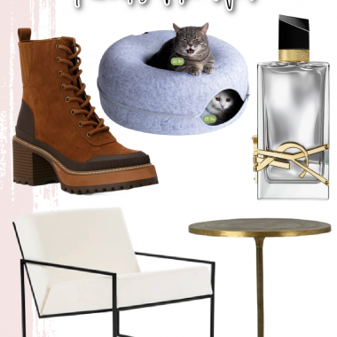 Houston fashion/lifestyle blogger LuxMommy shares favorites of the week including the cutest boots from Walmart, my new cat bed, the perfect fall scent of perfume, a gorgeous brass entry table, and my new beautiful lounge chair.