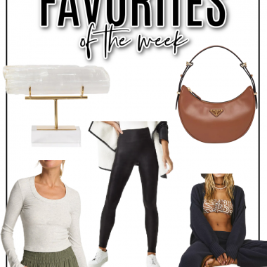 Houston fashion/lifestyle blogger LuxMommy shares favorites of the week including the most gorgeous crystal decor, perfect everyday scoop neck tee, the best fleece lined leggings, the perfect lounge set, and a gorgeous Prada bag.
