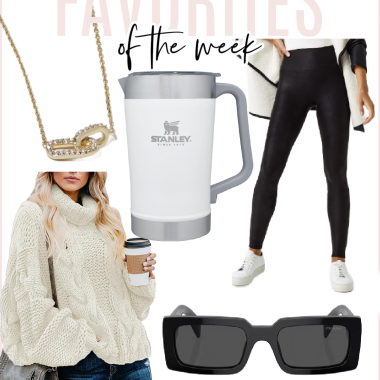 Houston fashion/lifestyle blogger LuxMommy shares favorites of the week including Prada sunglasses, the perfect oversized sweater, Stanley pitcher, fleece lined faux leather leggings, and my current favorite necklace!