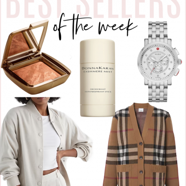 Houston fashion/lifestyle blogger LuxMommy shares best sellers of the week including Donna Karan deodorant, Burberry cardigan, oversized bomber jacket, Michele watch on sale, and the perfect bronzer.