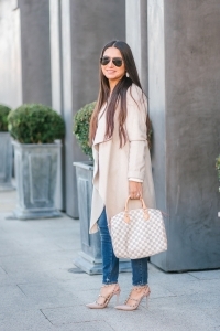 waterfall coat, lv speedy 30, ray bans, kendra scott earrings, valentino rock stud heels