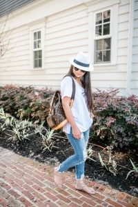 lv backpack, montsouris gm, valentino rockstud sandals, round sunglasses, basic tee, distressed jeans, white hat