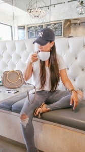 chloe nile, casual outfit, yankees hat, sweet paris