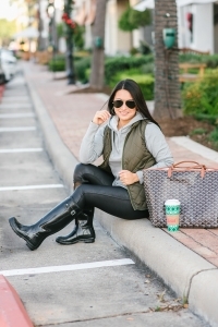 goyard st louis gm, hoodie and vest, hunter boots, faux leather leggings