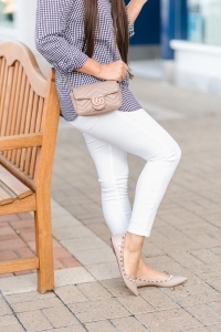gingham shirt, white jeans, beanie, rocketed flats, Gucci marmont super mini, casual fall outfit