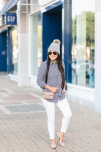 gingham shirt, white jeans, beanie, rocketed flats, Gucci marmont super mini, casual fall outfit