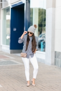 gingham shirt, white jeans, beanie, rocketed flats, Gucci marmont super mini, casual fall outfit