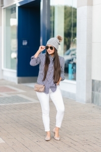 gingham shirt, white jeans, beanie, rocketed flats, Gucci marmont super mini, casual fall outfit