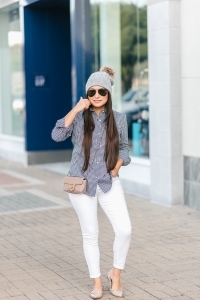 gingham shirt, white jeans, beanie, rocketed flats, Gucci marmont super mini, casual fall outfit