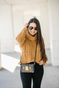 Louis Vuitton petite malle, black jeans, chunky sweater