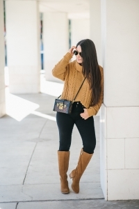 Louis Vuitton petite malle, black jeans, chunky sweater