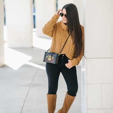 Louis Vuitton petite malle, black jeans, chunky sweater