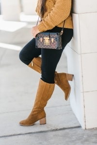 Louis Vuitton petite malle, black jeans, chunky sweater