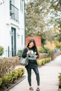 spanx leggings, faux leather leggings, spanx faux leather leggings, rockstud slides, valentino slides, goyard st louis