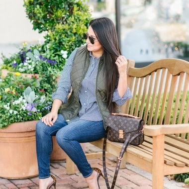 gingham shirt, pochette metis, schutz heels, vest, skinny jeans