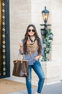Burberry scarf, gingham shirt, Neverfull GM