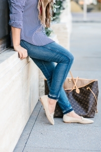 Burberry scarf, gingham shirt, Neverfull GM