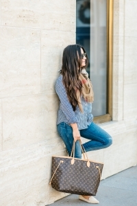 Burberry scarf, gingham shirt, Neverfull GM