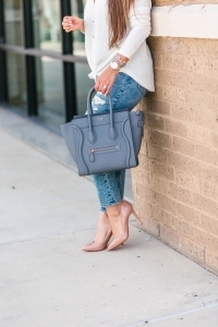 Abercrombie mom jeans, louboutin pigalle 100, Celine micro luggage, Target tie front top