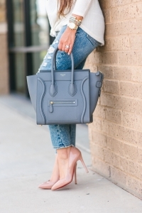 Abercrombie mom jeans, louboutin pigalle 100, Celine micro luggage, Target tie front top