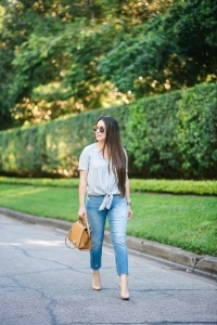 Tie front top + Mom Jeans, zac posen bag