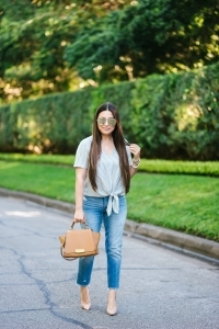 Tie front top + Mom Jeans, zac posen bag