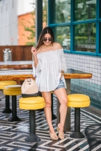 Chanel Gabrielle backpack, White smocked off the shoulder top, quay Jaclyn Hill sunglasses, american eagle midi shorts, Michele watch, stella and dot renegade bracelet, kendra scott charm bracelet, Walmart espadrilles