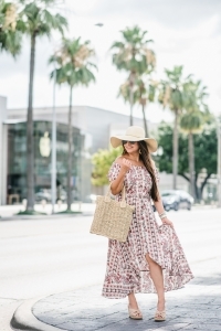 high low maxi, walmart fashion, straw handbag, floppy hat, wedge sandals
