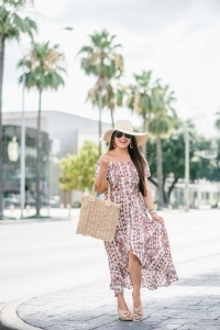 high low maxi, walmart fashion, straw handbag, floppy hat, wedge sandals