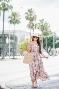 high low maxi, walmart fashion, straw handbag, floppy hat, wedge sandals
