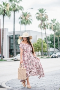 high low maxi, walmart fashion, straw handbag, floppy hat, wedge sandals
