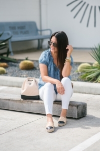 Chanel Gabrielle backpack, Topshop white jeans, chanel espadrilles, chambray linen top, quay jaclyn hill sunglasses