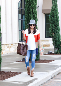 Houston top fashion blogger styles Amazon cardigan, sofft booties, Express cami and Nordstrom hat