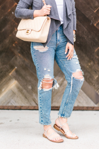 Houston fashion blogger LuxMommy wearing Chanel jumbo, abercrombie mom jeans, steve madden travel sandals and faux leather jacket and a basic white tee
