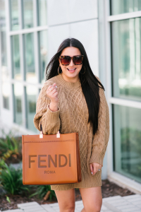 Houston top fashion and lifestyle blogger LuxMommy shares the best Amazon sweater dress for fall styled with chloe susanna boots and Fendi sunshine tote