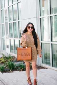 Houston top fashion and lifestyle blogger LuxMommy shares the best Amazon sweater dress for fall styled with chloe susanna boots and Fendi sunshine tote