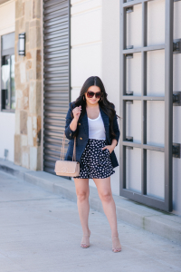 Houston top fashion and lifestyle blogger LuxMommy shares the cutest way to style a blzer for the hotter spring and summer months with a blazer and shorts from loft, a tank from topshop, stuart weitzman heels, Amazon sunnies and a Chanel filigree flap bag