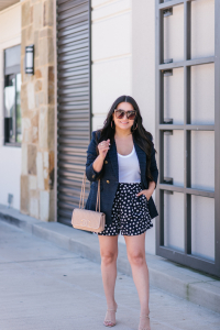 Houston top fashion and lifestyle blogger LuxMommy shares the cutest way to style a blzer for the hotter spring and summer months with a blazer and shorts from loft, a tank from topshop, stuart weitzman heels, Amazon sunnies and a Chanel filigree flap bag