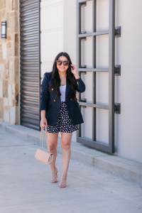 Houston top fashion and lifestyle blogger LuxMommy shares the cutest way to style a blzer for the hotter spring and summer months with a blazer and shorts from loft, a tank from topshop, stuart weitzman heels, Amazon sunnies and a Chanel filigree flap bag