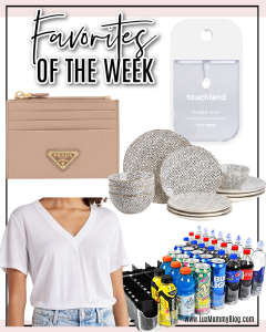 Houston fashion/lifestyle blogger LuxMommy including Prada cardholder, drink dispenser, dishes, basic t-shirt, and hand sanitizer.