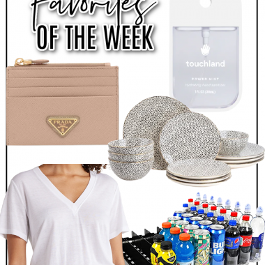 Houston fashion/lifestyle blogger LuxMommy including Prada cardholder, drink dispenser, dishes, basic t-shirt, and hand sanitizer.