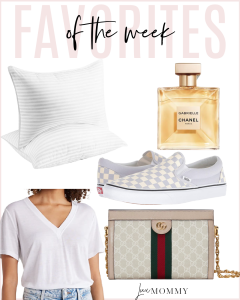 Houston top lifestyle blogger shares favorites of the week, including grey vans sneakers, Chanel perfume, bed pillows, basic tee shirt, and Gucci handbag