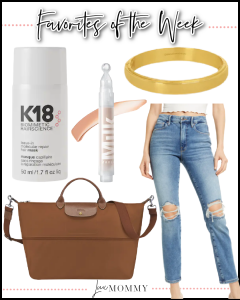 Houston top lifestyle blogger shares favorites of the week including gold singlet bangle bracelet, K18 moisturizing hair mask, under eye concealer, Good American distressed denim jeans, and expandable travel bag tote