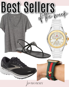 Houston top lifestyle blogger shares best sellers including basic tee, Michele watch, Prada sandals, Brooks sneakers, and Apple watchband.