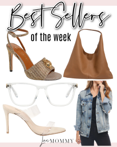 Houston top fashion and lifestyle blogger LuxMommy shares best sellers including Kurt Geiger heels and hobo bag, Quay blue-light glasses, denim jacket, and clear strap heels.